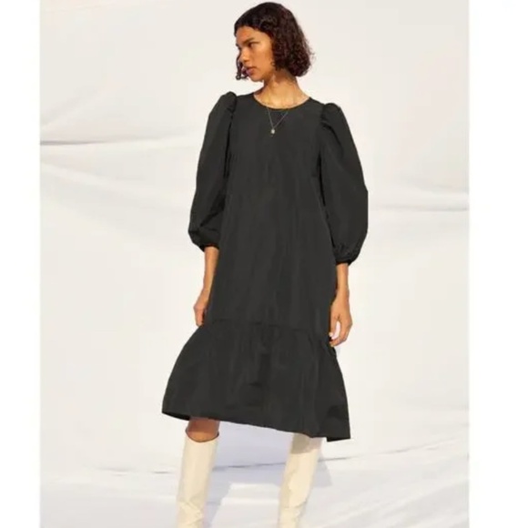 Wilfred Dresses & Skirts - Aritzia Wilfred Sedona Black Taffeta Ruffle Midi Dress Puff Sleeves Size M NWT